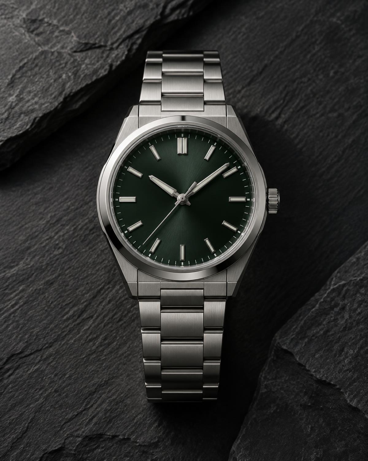 Green dial steel sports watch on dark slate