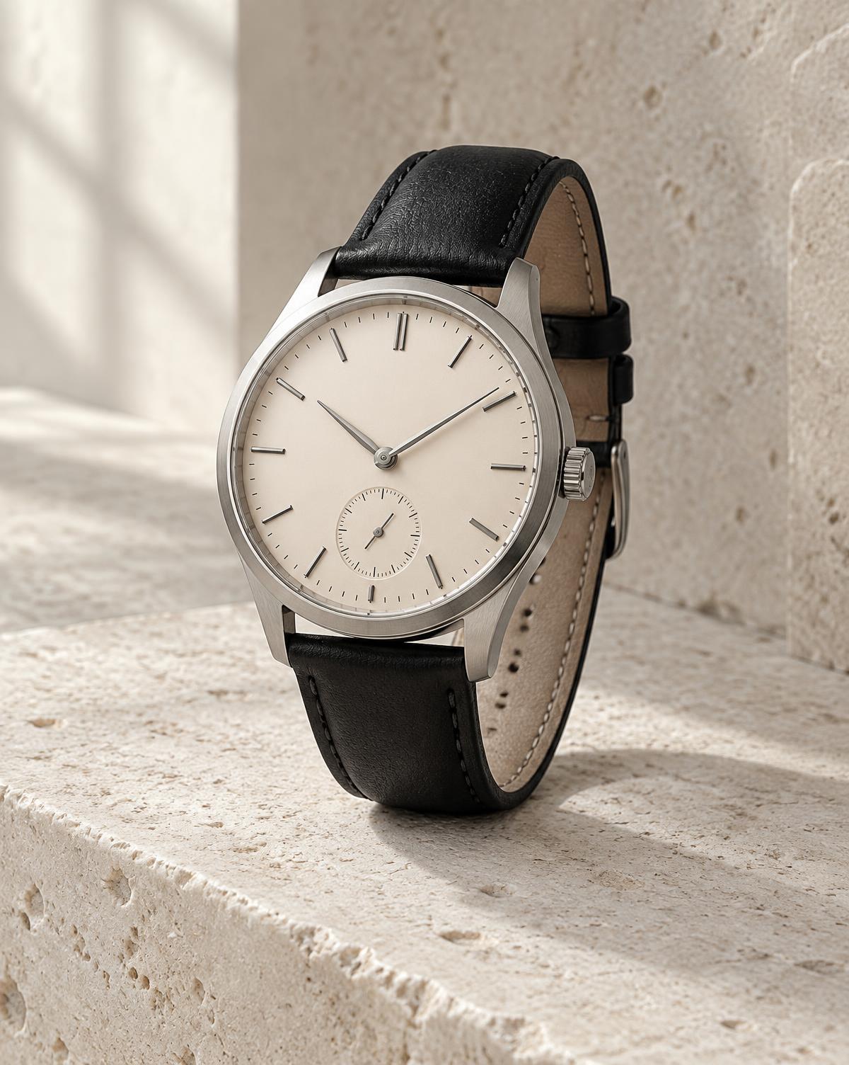 Ivory dial dress watch with black leather strap
